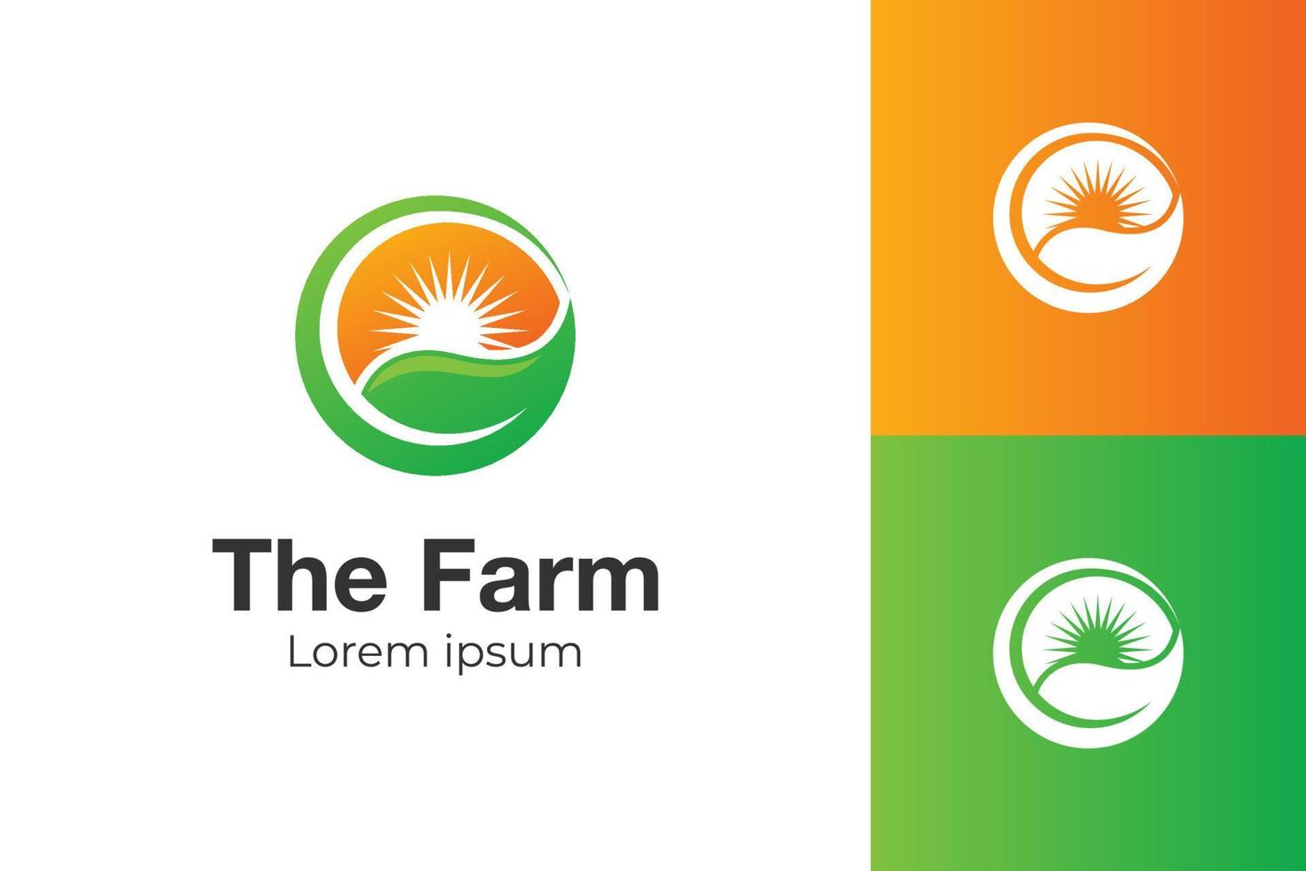 Eco organic green Farm logo with sunrise over leaf grow for natural product design vector