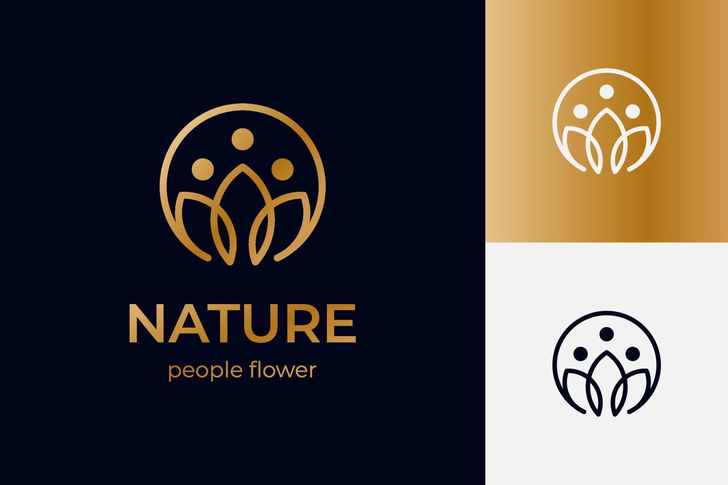 simple line lotus flower logo design with people, abstract beauty spa salon for cosmetics brand, circle leaves logotype design luxury vector fashion logo template