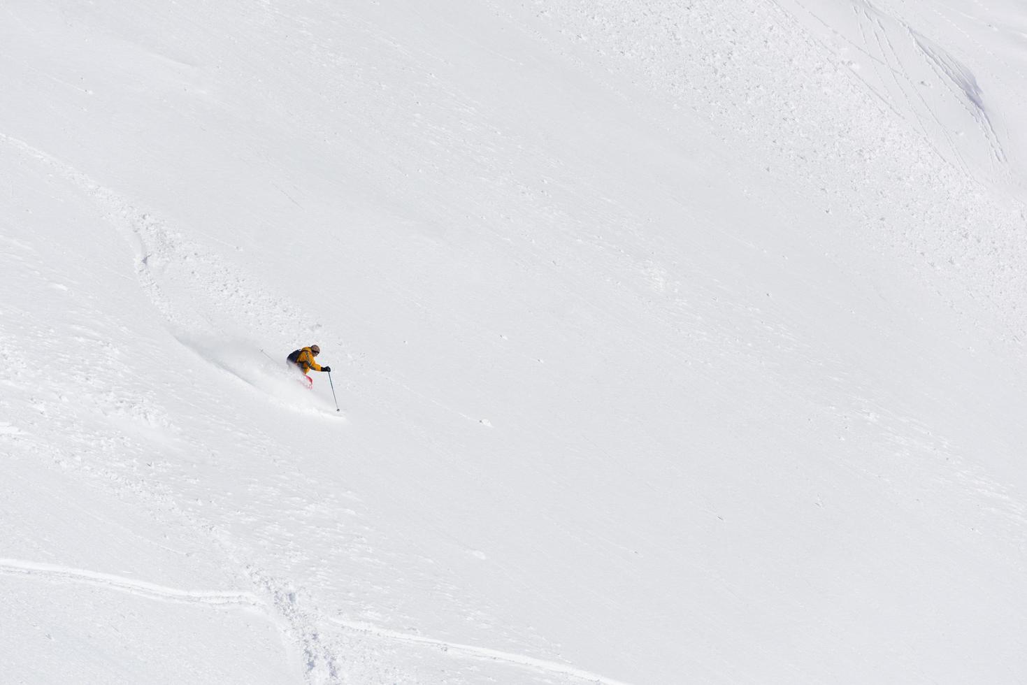 freeride skier skiing in deep powder snow photo