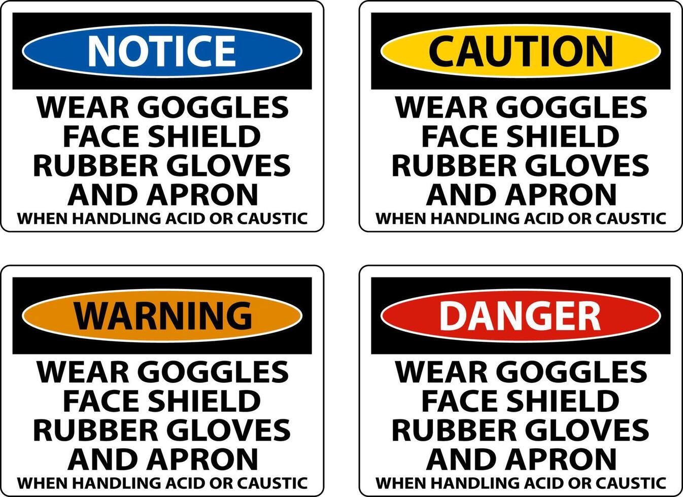 Caution Wear Goggles, Face Shield, Rubber Gloves, And Apron When Handling Acid Or Caustic vector