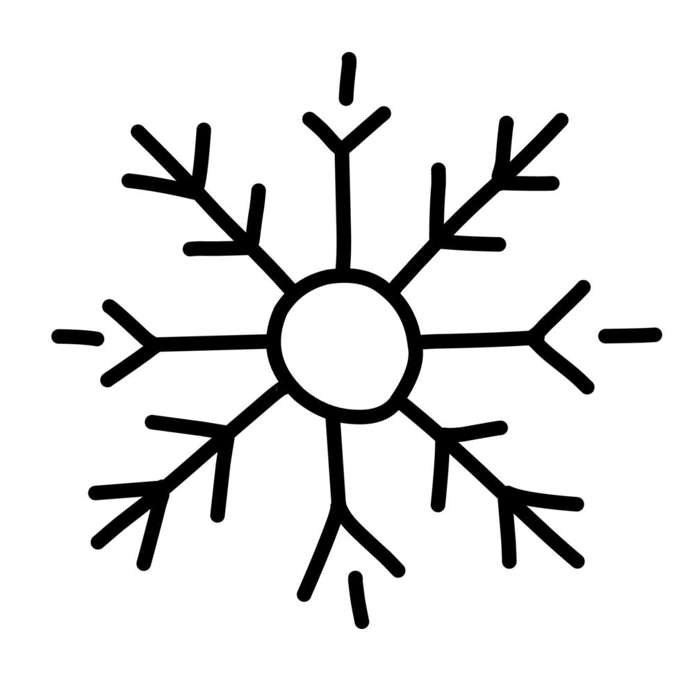 Snowflake in doodle style for winter design. Hand drawn snowflake isolated on whit background. Snowflake icon. Drawing snow. Symbol winter texture. Ice crystal ink freehand. Illustration vector