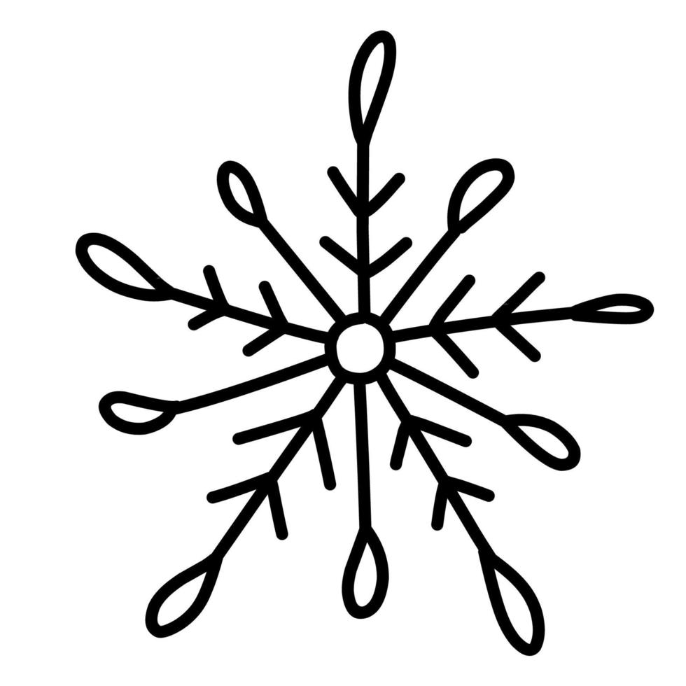 Snowflake in doodle style for winter design. Hand drawn snowflake isolated on whit background. Snowflake icon. Drawing snow. Symbol winter texture. Ice crystal ink freehand. Illustration vector