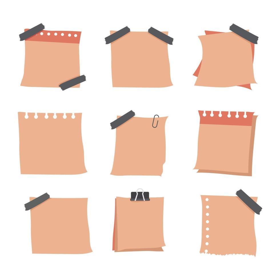 Set of sticky notes paper with push pin, adhesive tape, binder clip.  Vector illustration