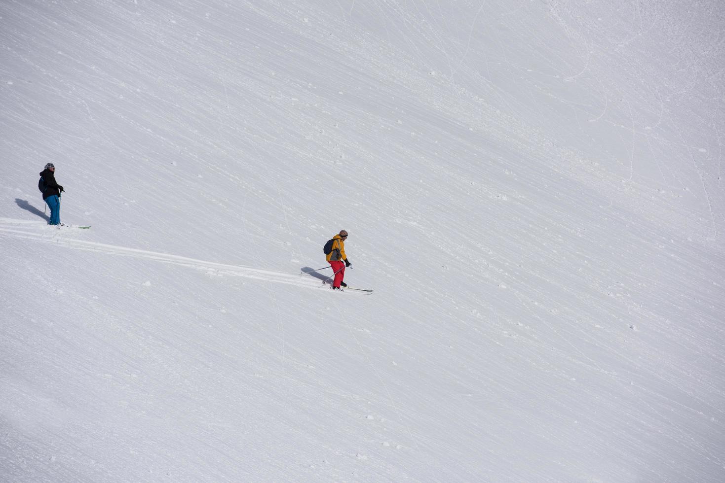 freeride skier skiing in deep powder snow photo