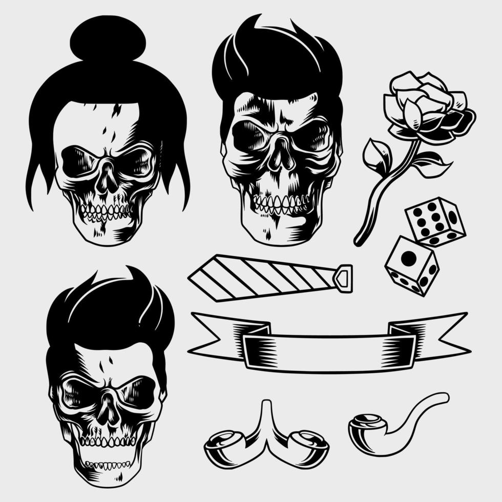 paquete de calaveras con armadura, cinta y accesorios vector