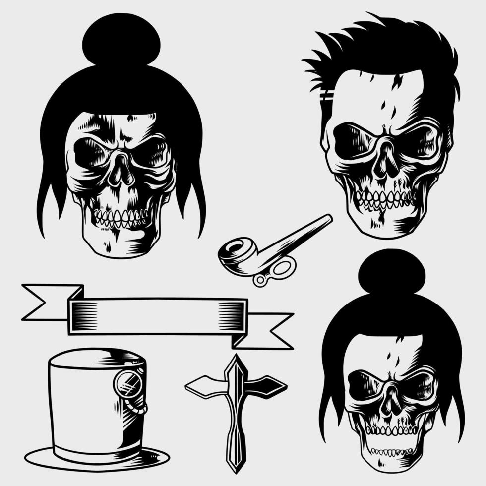 paquete de calaveras con armadura, cinta y accesorios vector