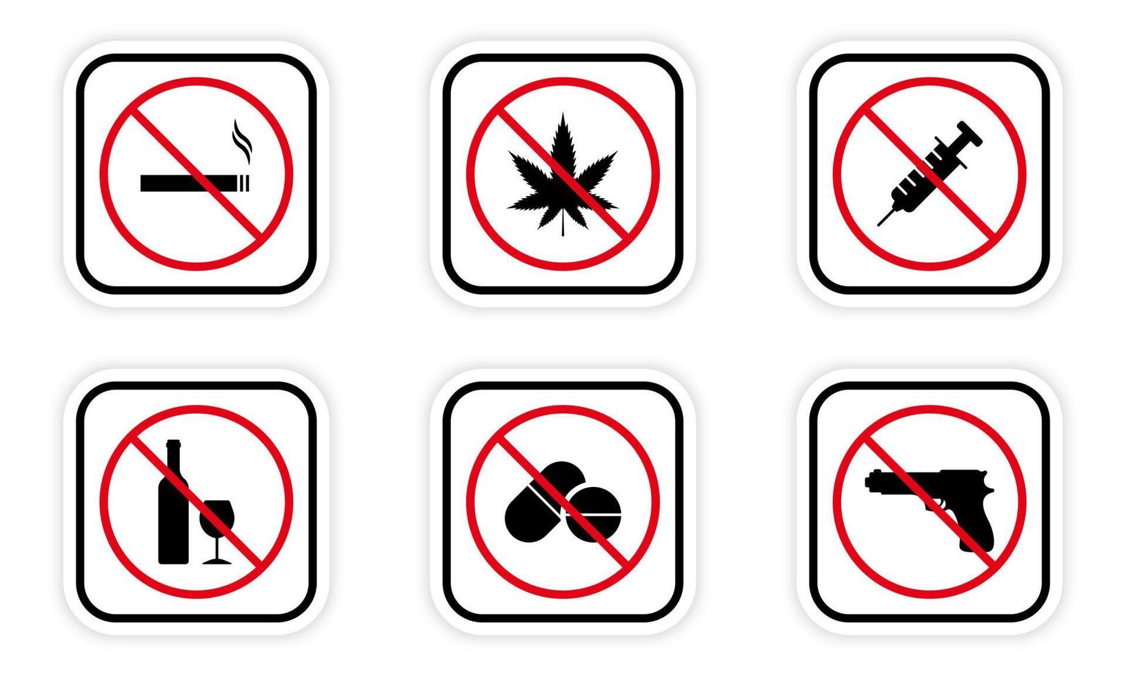 Ban Illegal Drug, Drink Alcohol, Take Pill, Smoke Cigarette, Gun Silhouette Icon Set. Danger Addiction, Warning Weapon Forbidden Zone Pictogram. Narcotic Stop Symbol. Isolated Vector Illustration.