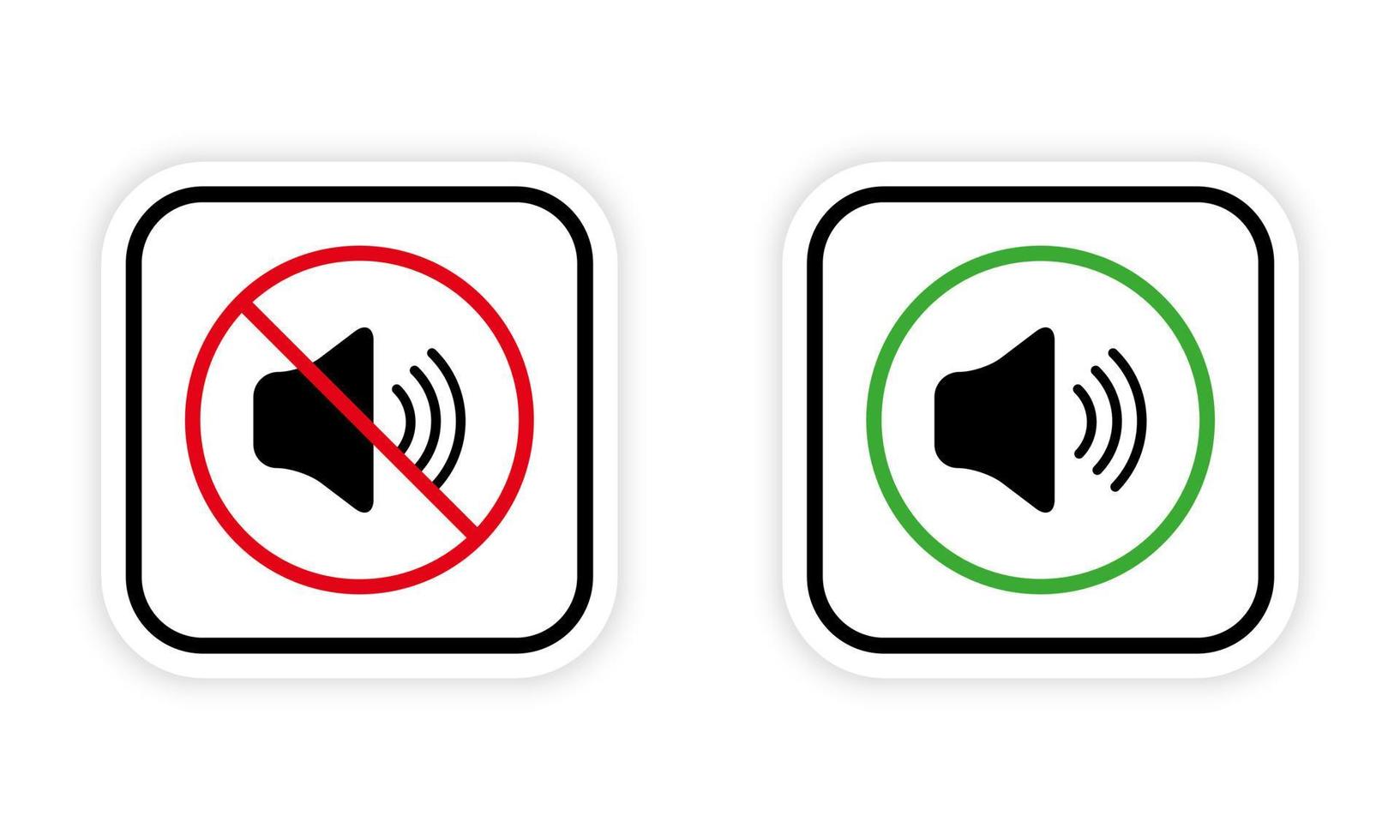 prohibir la zona de notificación de ruido rojo prohibido signo redondo. conjunto de iconos de silueta negra en modo silencio desactivado. símbolo verde de área permitida de sonido fuerte. advertencia guardar silencio. ilustración vectorial aislada. vector