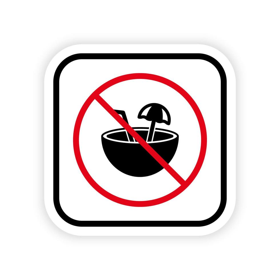 no hay icono de silueta negra de cóctel de coco de verano. Prohibir el paraguas de bebida de coco y el pictograma de paja. zona de prohibición para el símbolo de parada roja de alcohol tropical. prohibir el cartel del bar de la playa. ilustración vectorial aislada. vector