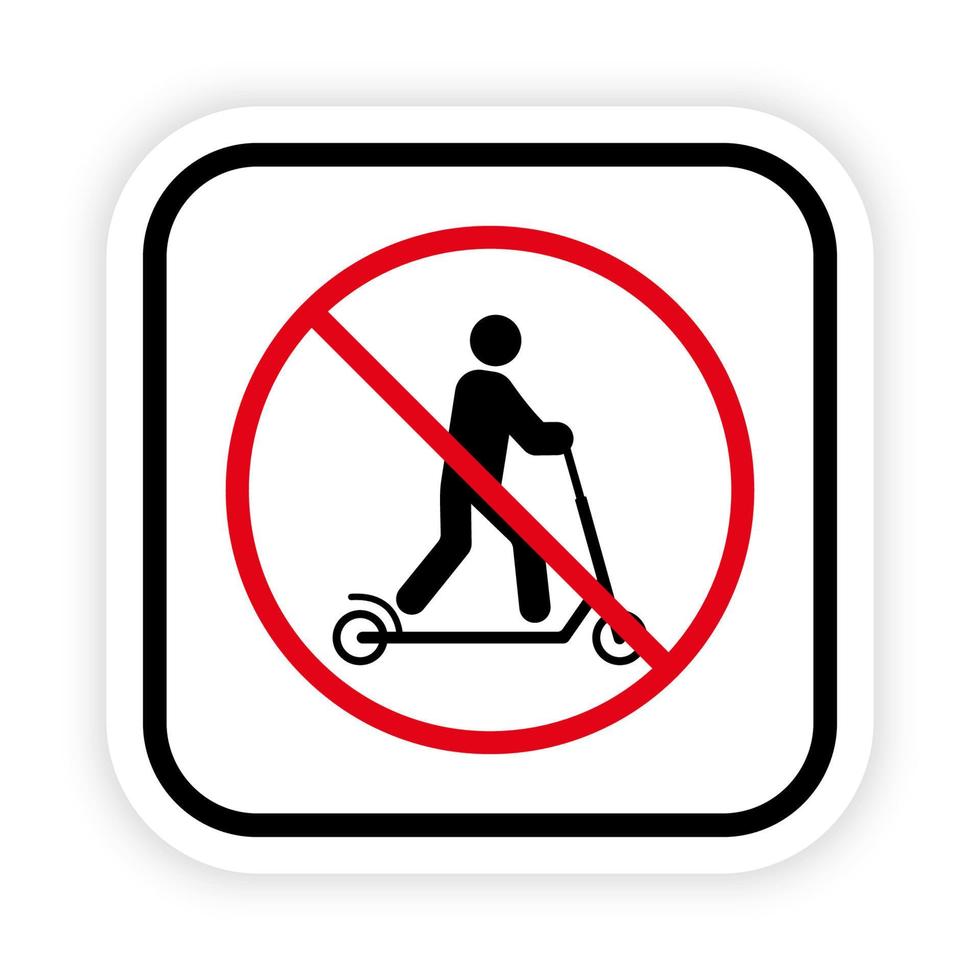 hombre en kick scooter prohibición icono de silueta negra. persona prohibida en el pictograma trotinette. símbolo de parada de rueda de empuje macho. precaución no se permite la entrada con la señal de transporte del asa. ilustración vectorial aislada. vector