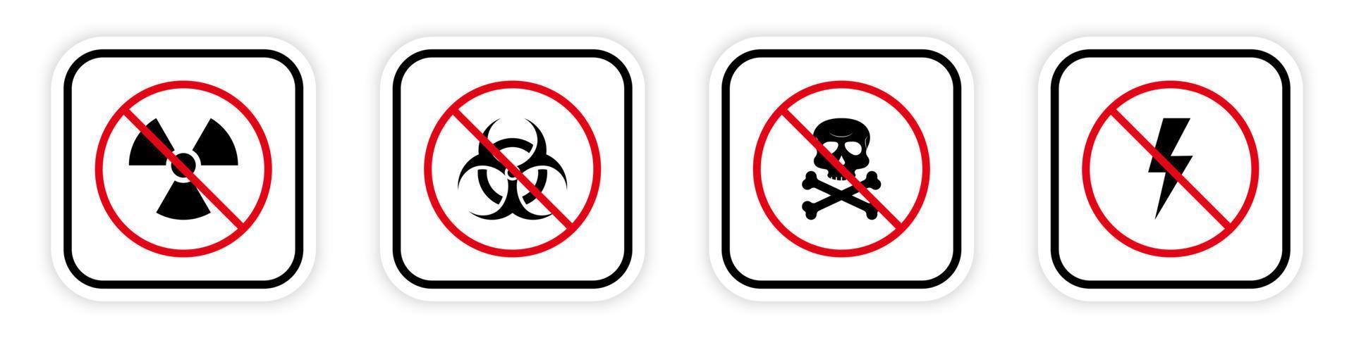 Toxic Bio Hazard Waste Forbid Pictogram Set. Biohazard Red Stop Symbol. Danger Area Black Silhouette Icon. No Allowed Electricity Lightning Sign. Radiation Zone Prohibit. Isolated Vector Illustration.