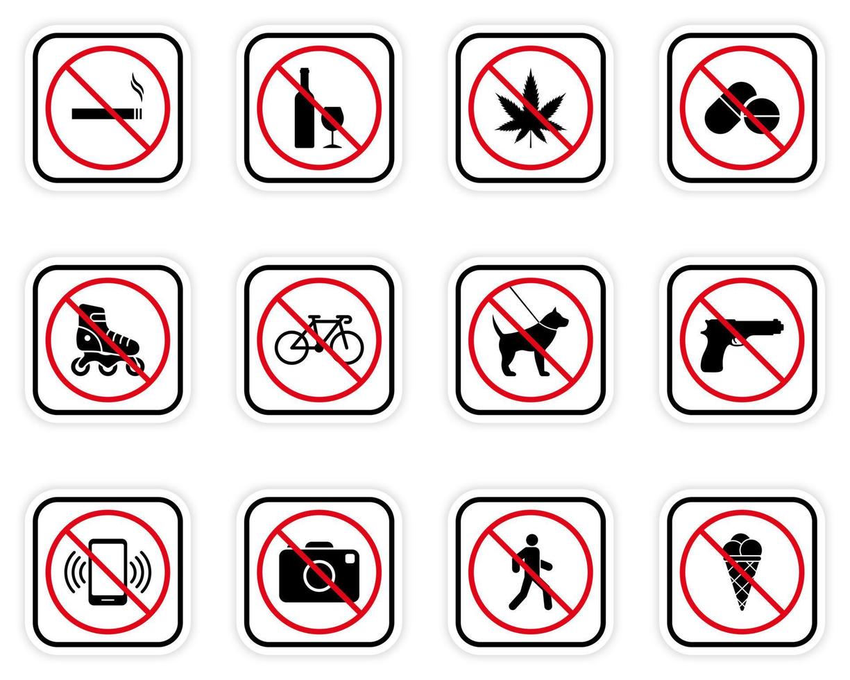 Forbidden Caution Pictogram Set. Restriction Area Ban Black Silhouette Icon Collection. Warning Red Stop Circle Symbol. Alert No Allowed Zone Sign. Prohibited Icon. Isolated Vector Illustration.