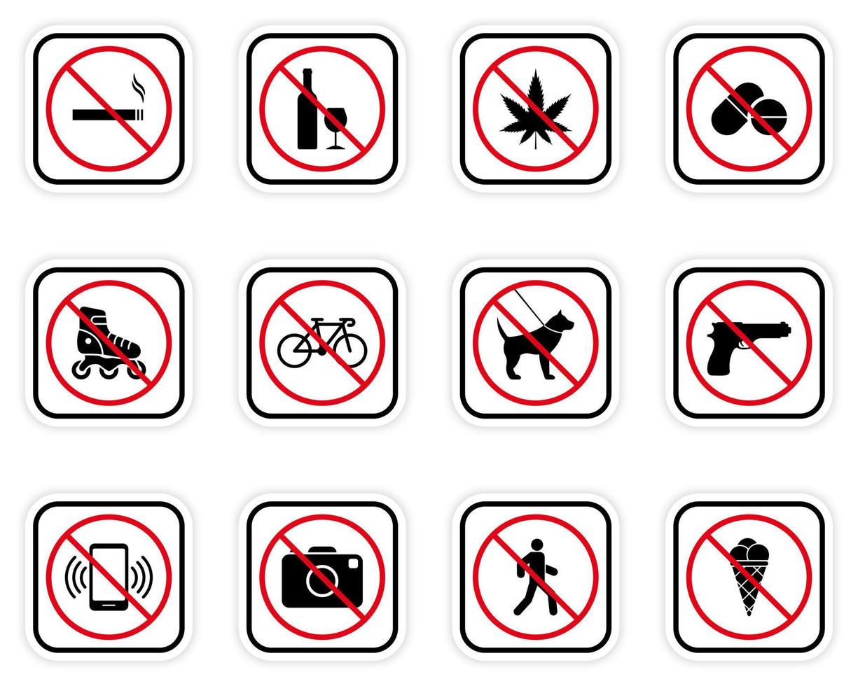 conjunto de pictogramas de precaución prohibidos. colección de iconos de silueta negra de prohibición de área de restricción. símbolo de círculo de parada roja de advertencia. Alerta sin señal de zona permitida. icono prohibido. ilustración vectorial aislada. vector