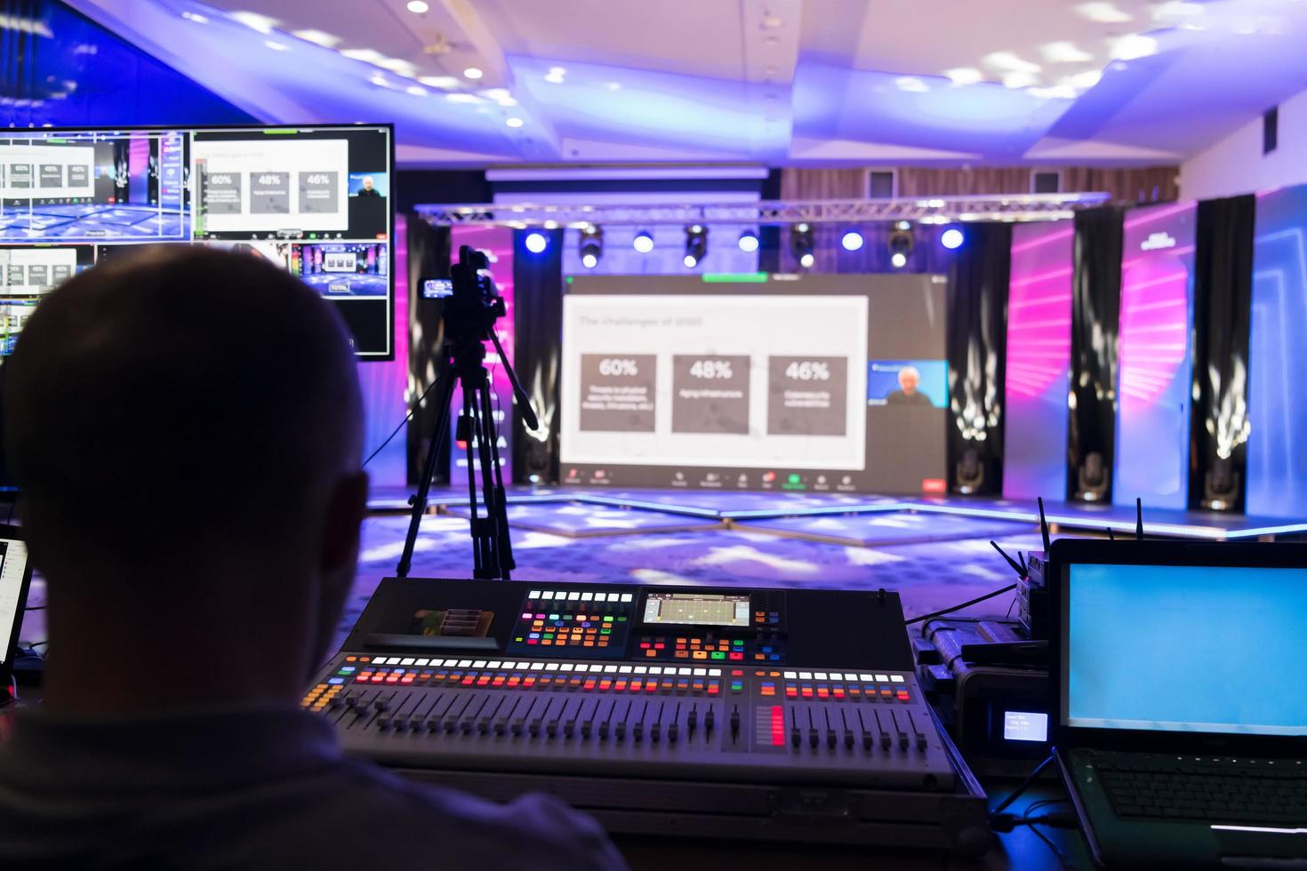 Sweden, 2022 - Live internet streaming of business conference meeting,online webinar or seminar via social network broadcast in new normal, covid outbreak,elearning. photo