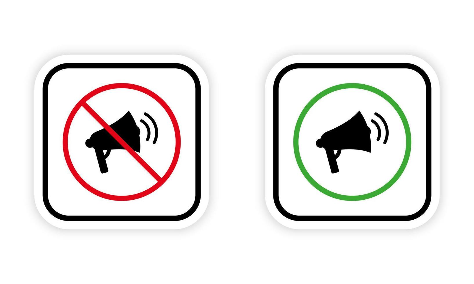 Ban Loud Speaker Zone Public Place Red Forbidden Round Sign. Loudspeaker Black Silhouette Icon Set. Bullhorn Sound Allowed Area Green Symbol. Warning No Loud Megaphone. Vector Illustration.