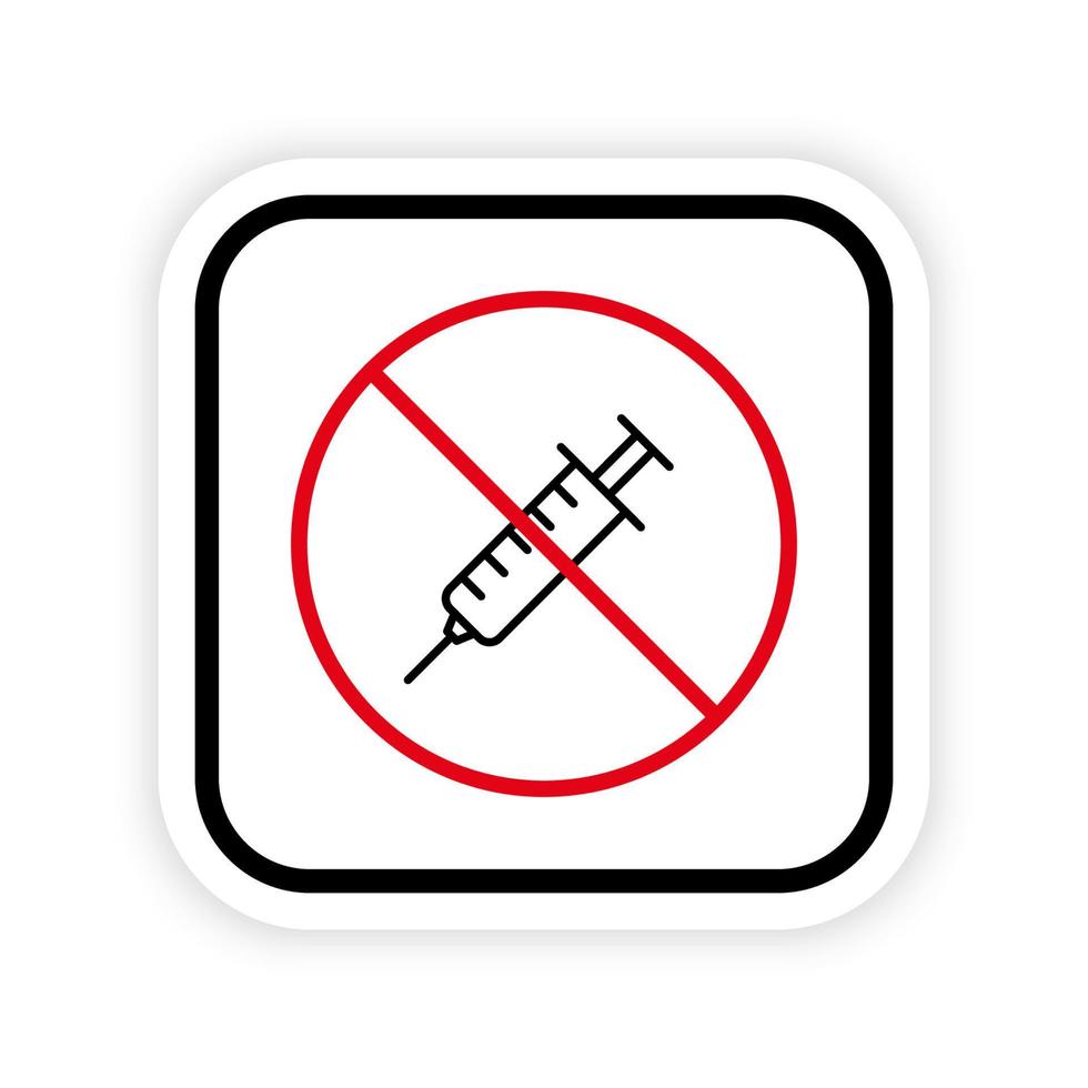 Syringe Drug Black Line Ban Icon. Narcotic Inject Forbidden Outline Pictogram. Anti Vax Against Vaccination Red Stop Symbol. Non Drugs Syringe Sign. Doping Prohibited. Isolated Vector Illustration.