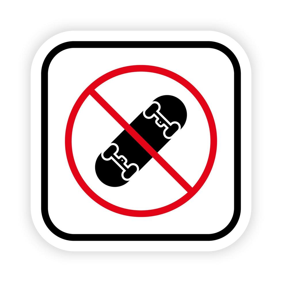 Patineta prohibida. icono de silueta negra de prohibición de monopatín. no se permite la señal de patinaje. Pictograma de rueda de cubierta de equipo de patinador prohibido. símbolo de parada de skate. ilustración vectorial aislada. vector