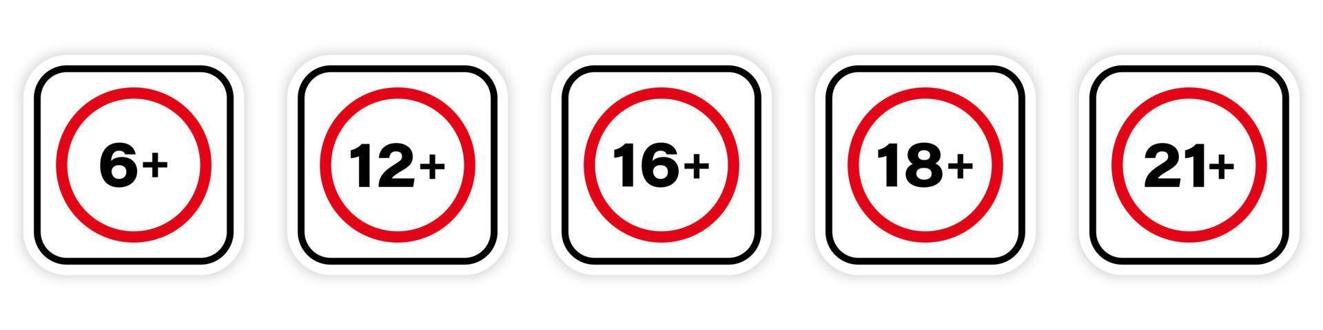 Age Plus Older Black Silhouette Icon. Toys Under Age Limit Forbid Pictogram. 6 12 16 18 21 Years Plus Red Stop Circle Symbol. Prohibited Child No Allowed Underage Sign. Isolated Vector Illustration.