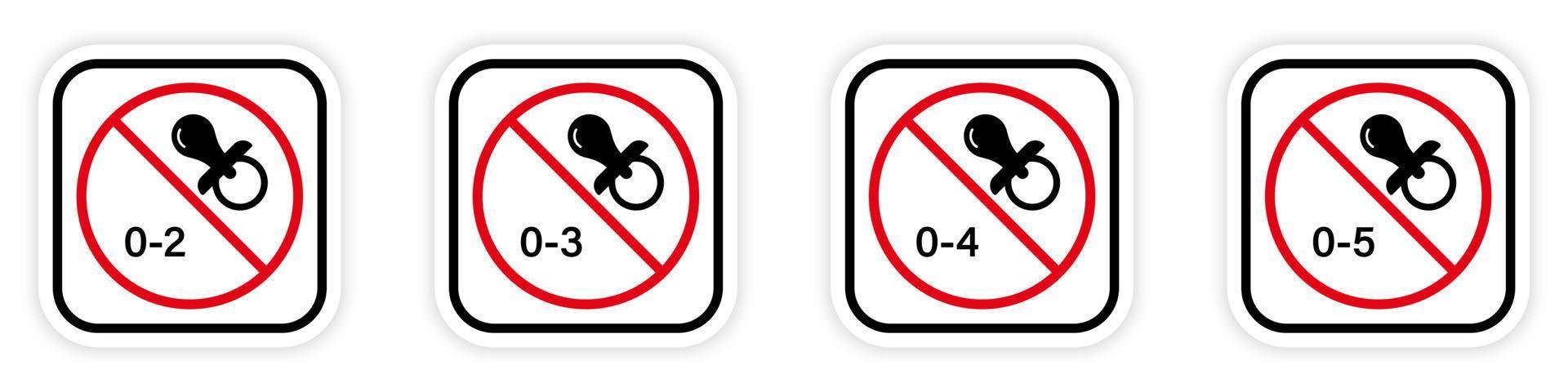 juguete no apto para el conjunto de iconos de silueta negra para niños. prohibir chupete niño menor de edad pictograma. símbolo de parada de juego de niños de peligro. no se permiten señales de bebé. prohibido 2 3 4 5 año. ilustración vectorial aislada. vector