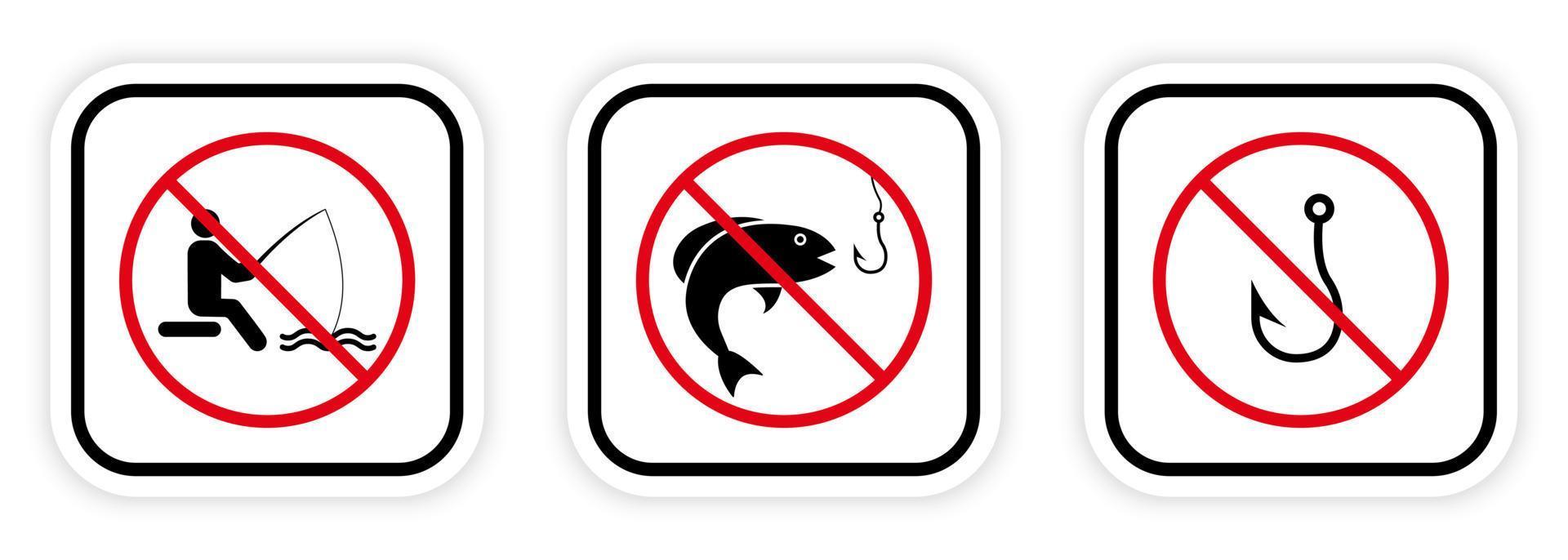 Forbidden Fishing Hook Fish Black Silhouette Icon Set. Fisherman Red Stop Circle Symbol. No Allowed Catch Fish in Lake Sign. Fisher Man Prohibited. Ban Fishing Pictogram. Isolated Vector Illustration.