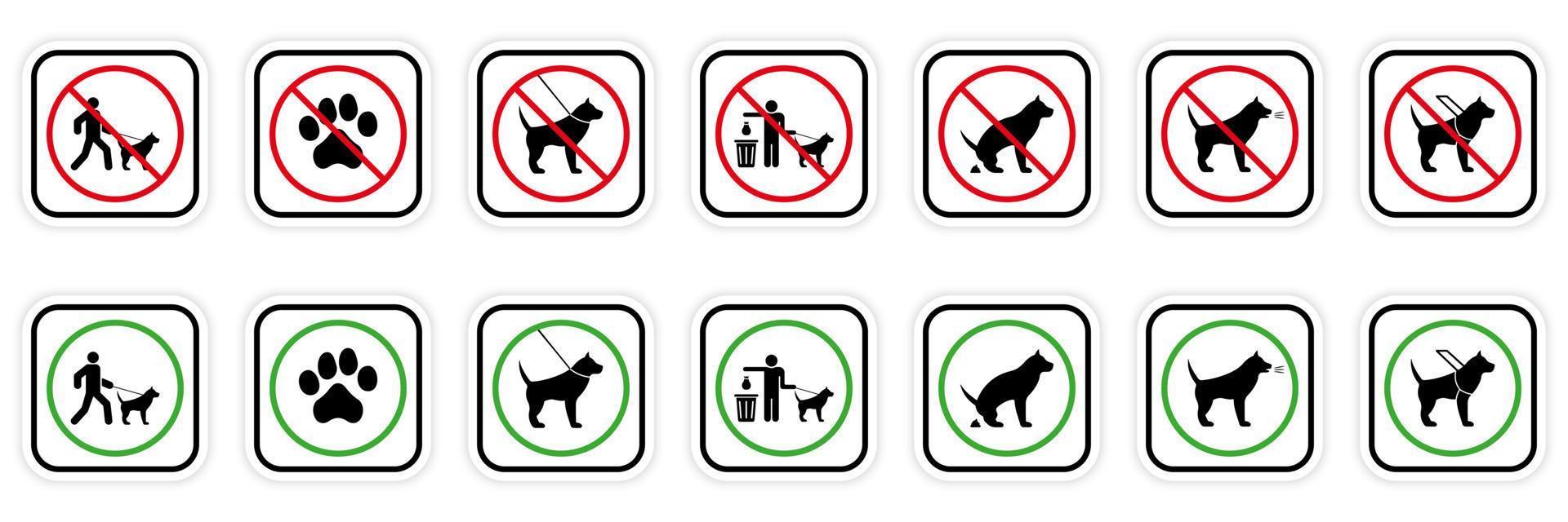 no se permite señal de baño de animales. permiso canino. símbolo verde de la zona del parque. limpiar después de caca de perro. conjunto de iconos de silueta negra de perro de prohibición. Prohibir el pictograma de paseo de entrada de mascotas. Ilustración de vector aislado.