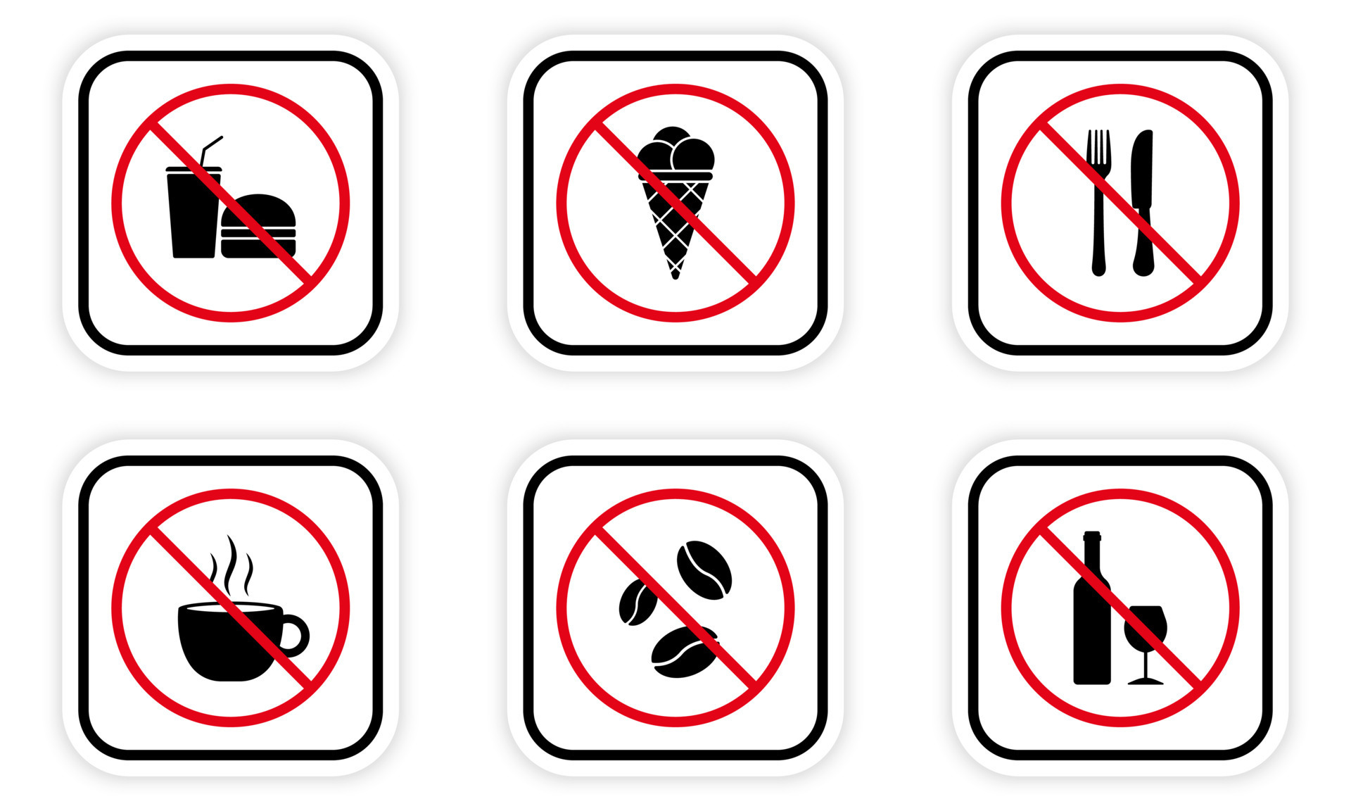 Forbidden Drink Cofee Tea Eat Pictogram Set. Ban Alcohol Black
