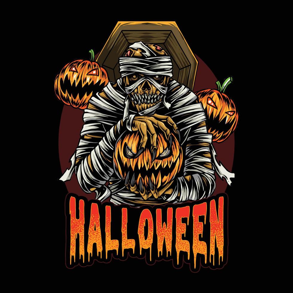 Mummy Holding Halloween Pumpkin In The Dark Night vector