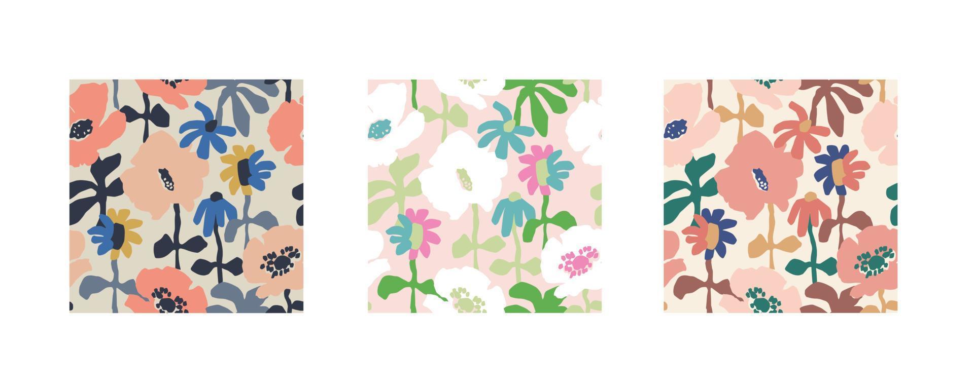 Vector hand-drawn abstract retro flower illustration seamless repeat pattern 3 color ways set