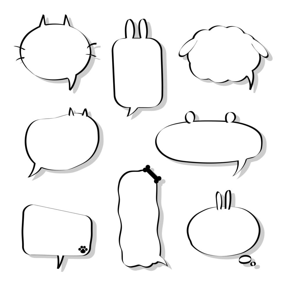 collection set of hand drawn speech bubble balloon, think, speak, talk, text box banner with animal pet, cat, rabbit, dog, bear, flat design vector illustration