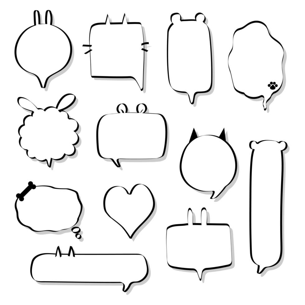 collection set of hand drawn speech bubble balloon, think, speak, talk, text box banner with animal pet, cat, rabbit, dog, bear, flat design vector illustration