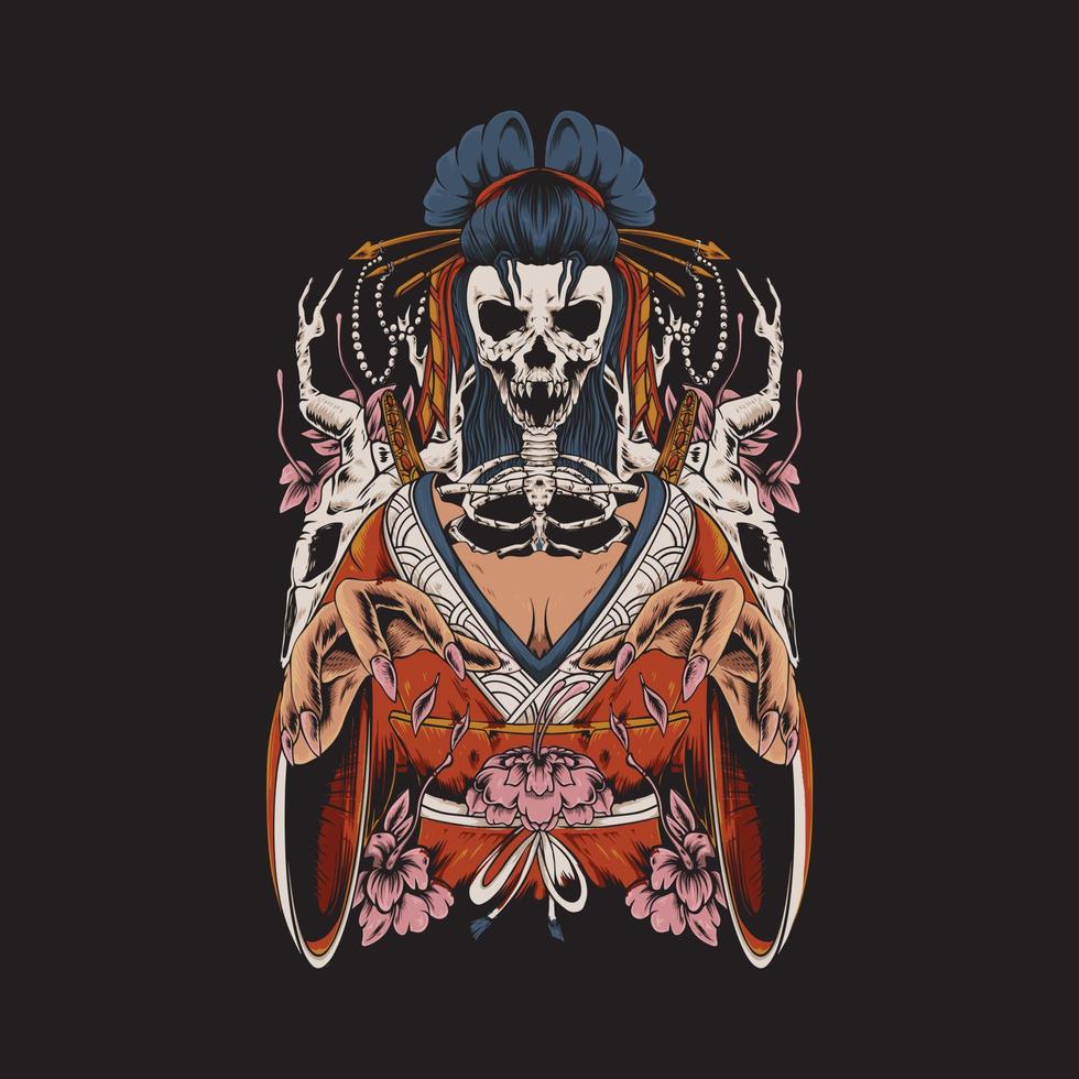 ilustración de detalle de geisha de mujer japonesa con diseño de calavera vector