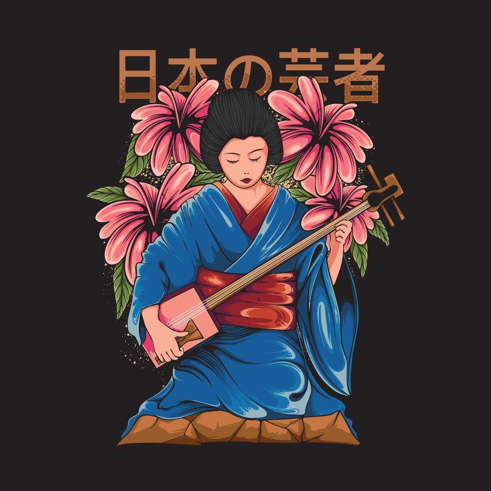 Detailed illustration of Japanese female geisha in kimono vector