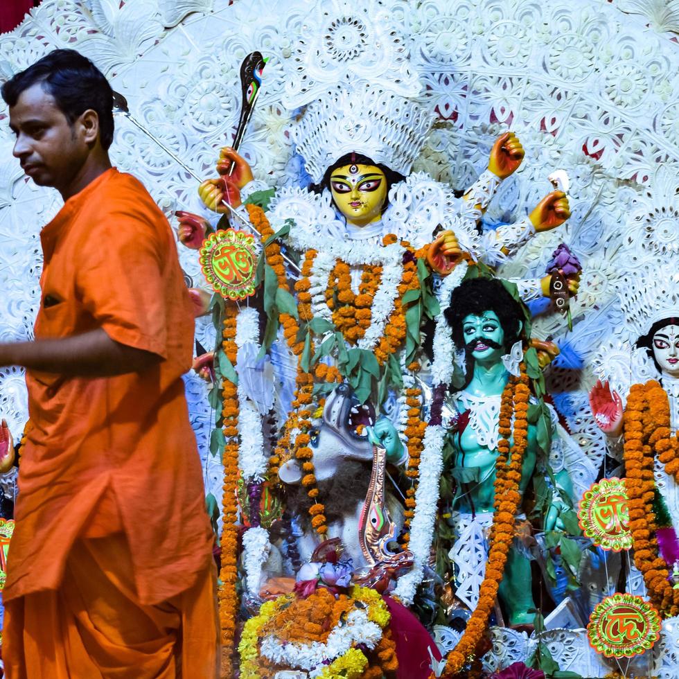 Kolkata, India, September 29,2021 - Goddess Durga with traditional look in close up view at a South Kolkata Durga Puja, Durga Puja Idol, A biggest Hindu festival in India photo