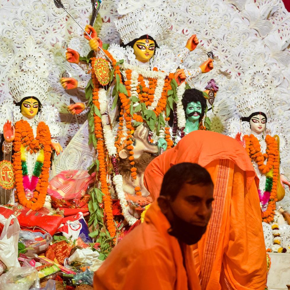 Kolkata, India, September 29,2021 - Goddess Durga with traditional look in close up view at a South Kolkata Durga Puja, Durga Puja Idol, A biggest Hindu festival in India photo