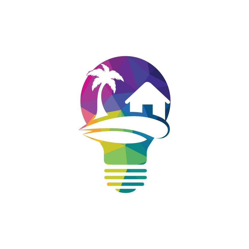 Abstract bulb lamp with beach house logo design. Nature travel innovation symbol. Tour and travel concept design. vector