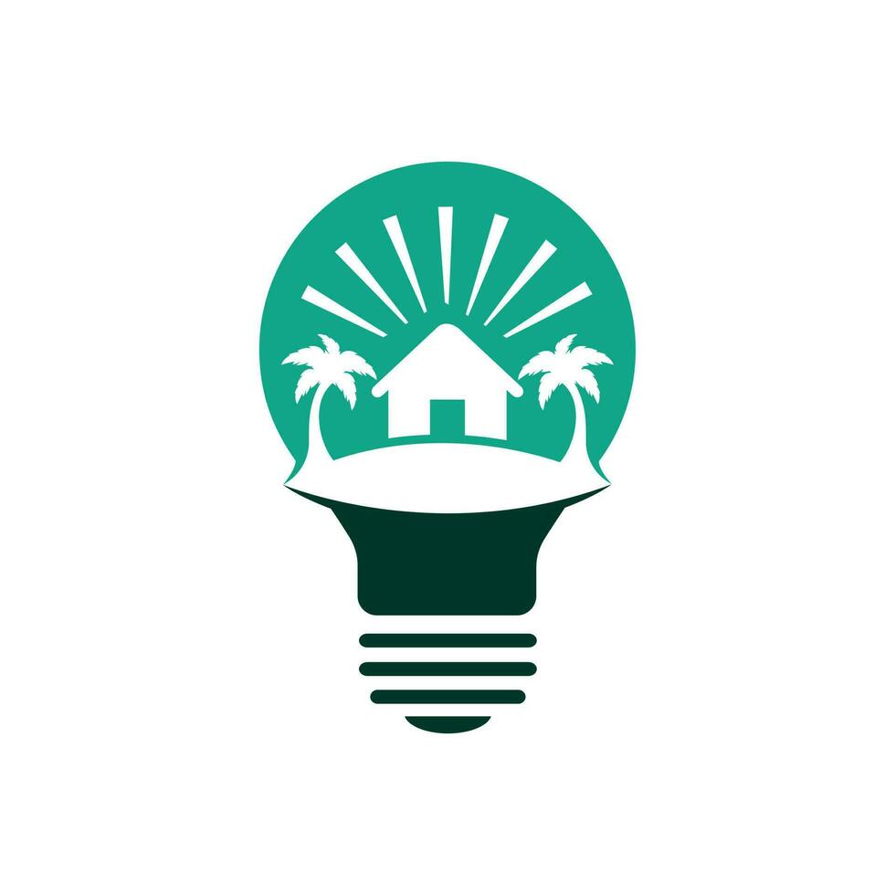 Abstract bulb lamp with beach house logo design. Nature travel innovation symbol. Tour and travel concept design. vector