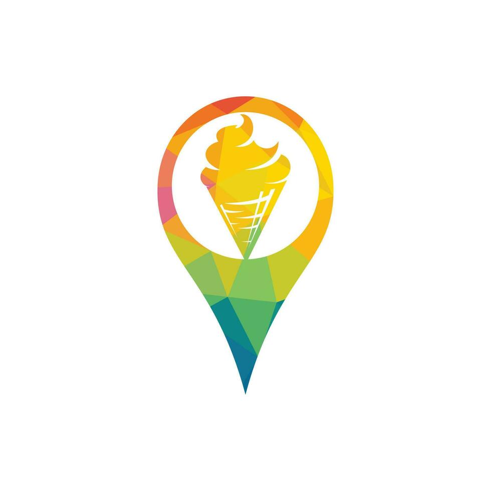 Ice cream point logo. Map marker composition as waffle cone and scoops of Ice cream. vector