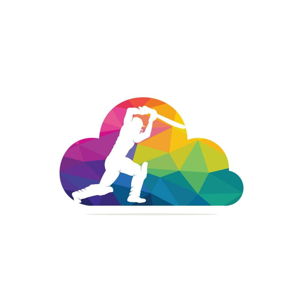 bateador jugando al logotipo del concepto de forma de nube de cricket. logotipo de la competencia de cricket. vector