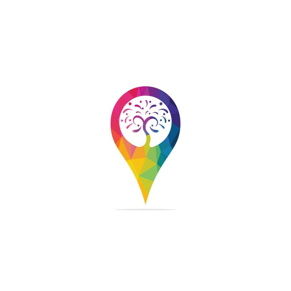 árbol colorido y diseño de logotipo pin gps. localizador de spa y salón o centro de salud. vector