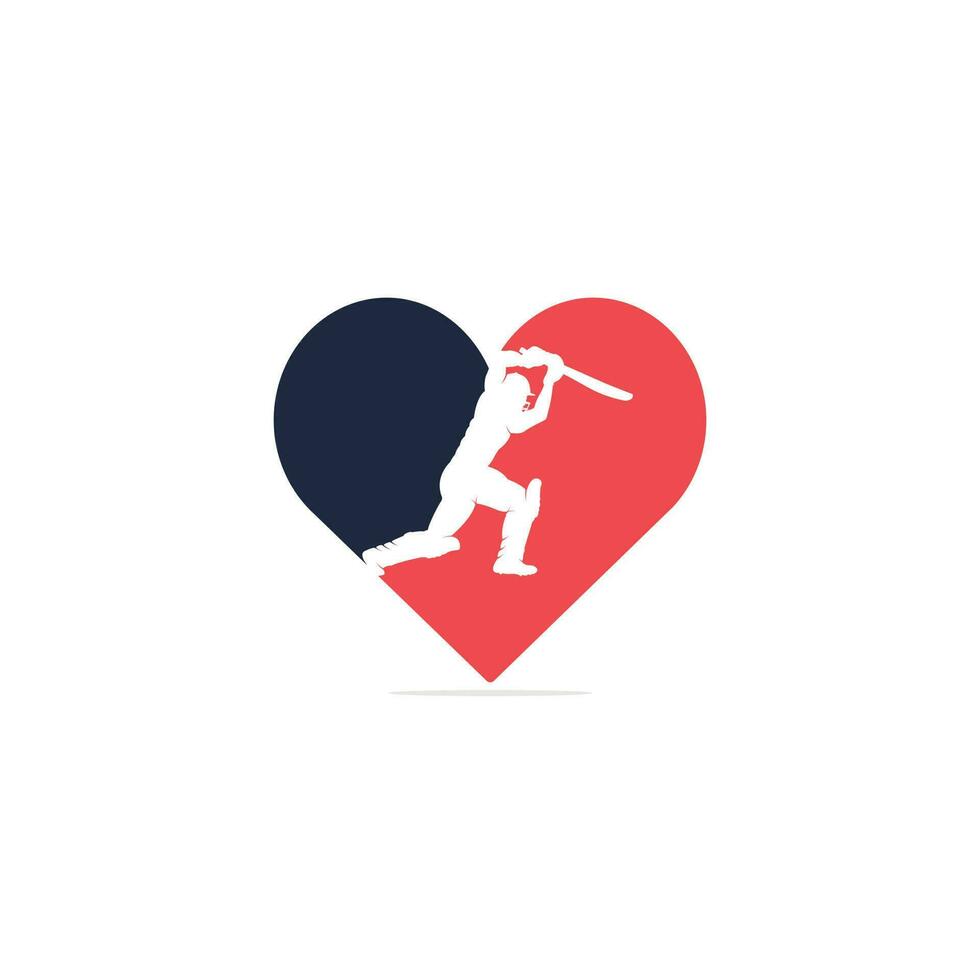 bateador jugando al cricket con el logotipo del concepto de forma de corazón. logotipo de la competencia de cricket. vector