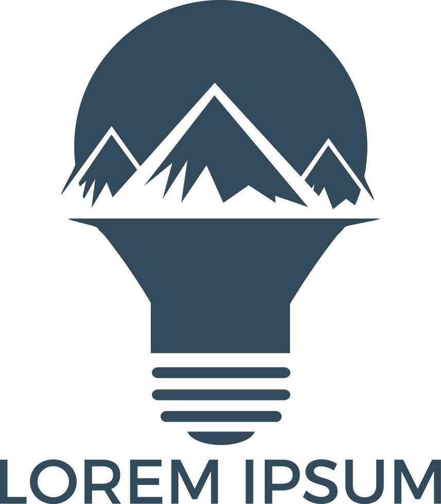 Mountain inside light bulb logo design. Leadership solution logo design. Concept of lamp, brainstorm, tourism, mission, strategy, ray, victory, briefing. vector