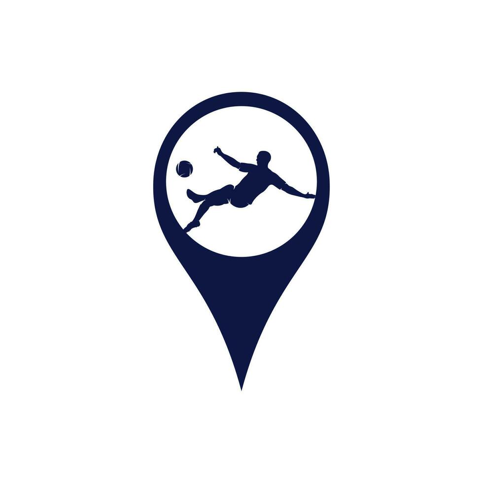 diseño de logotipo de puntero de mapa y jugador de fútbol y fútbol. jugador de fútbol y símbolo o icono del localizador gps. vector