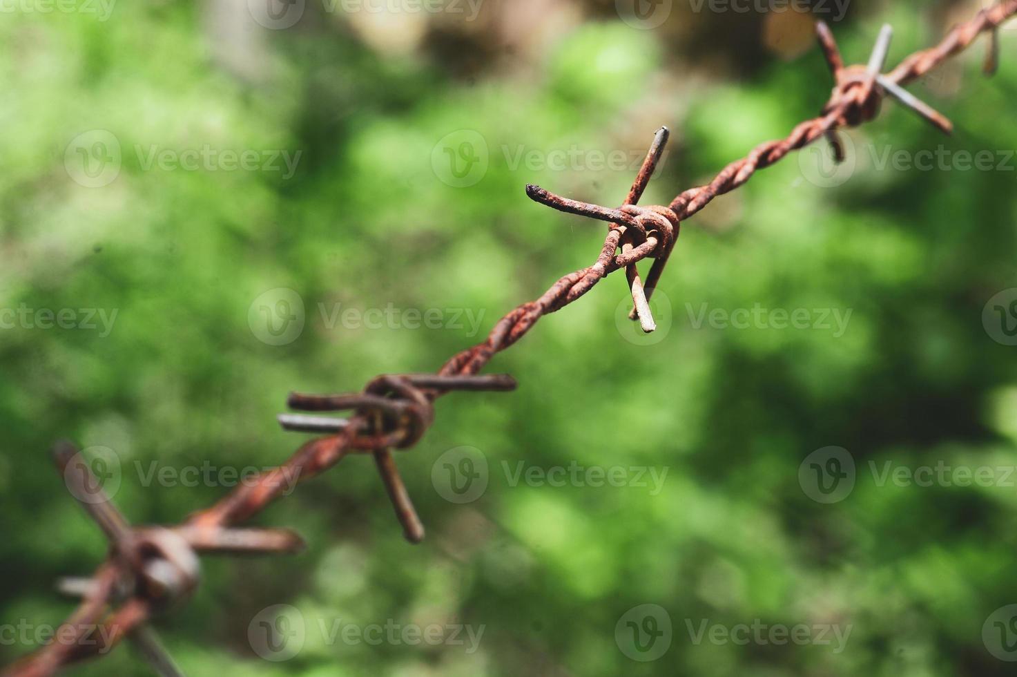 primer plano de una cerca de alambre de púas en un área restringida. foto