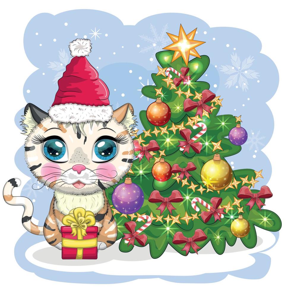 Cute cartoon cat in Santa's hat near the decorated Christmas tree. Winter 2023, Christmas and Chinese New vector