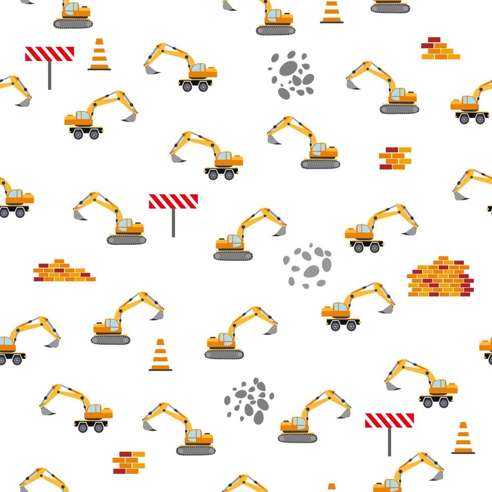 Cute childish seamless pattern with yellow car dump truck, crane, concrete mixer. Construction site illustration in cartoon style vector