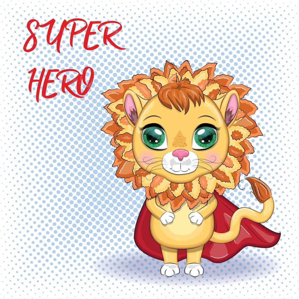 Cartoon lion boy in red super hero cloak with beautiful eyes vector