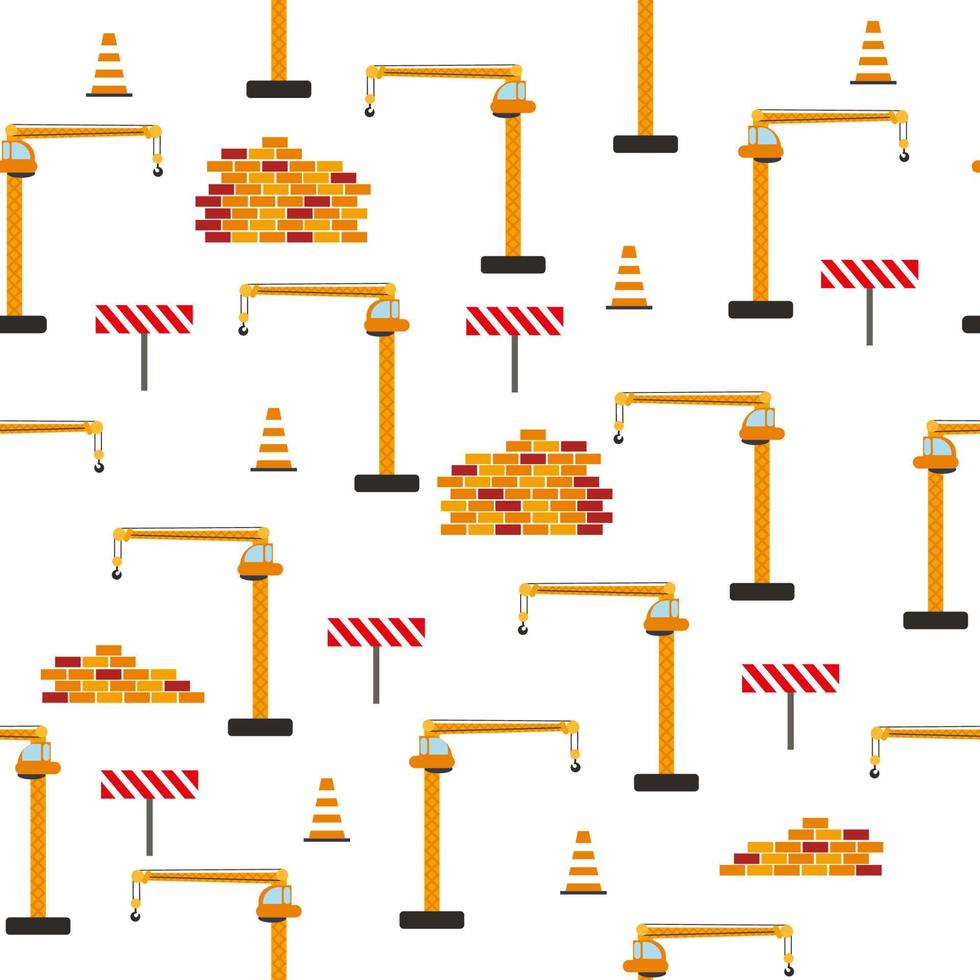 Cute childish seamless pattern with yellow car dump truck, crane, concrete mixer. Construction site illustration in cartoon style vector