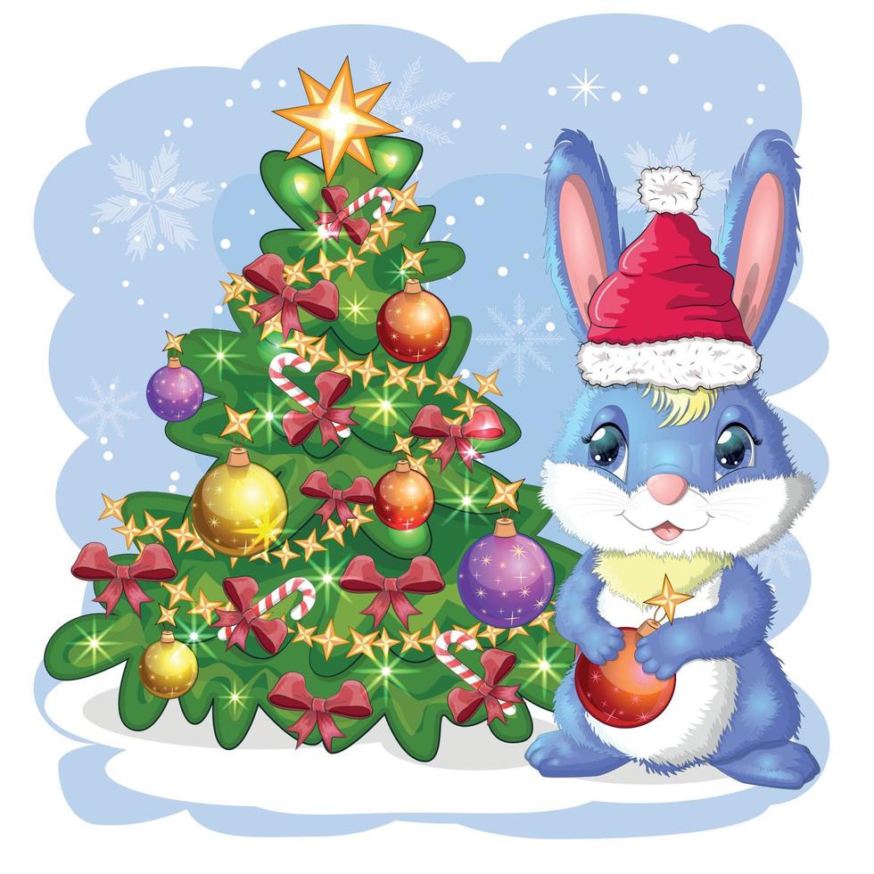 Cute cartoon bunny in Santa's hat near the decorated Christmas tree. Winter 2023, Christmas and New Year vector