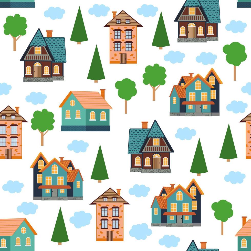 Seamless pattern of different colorful houses. vector