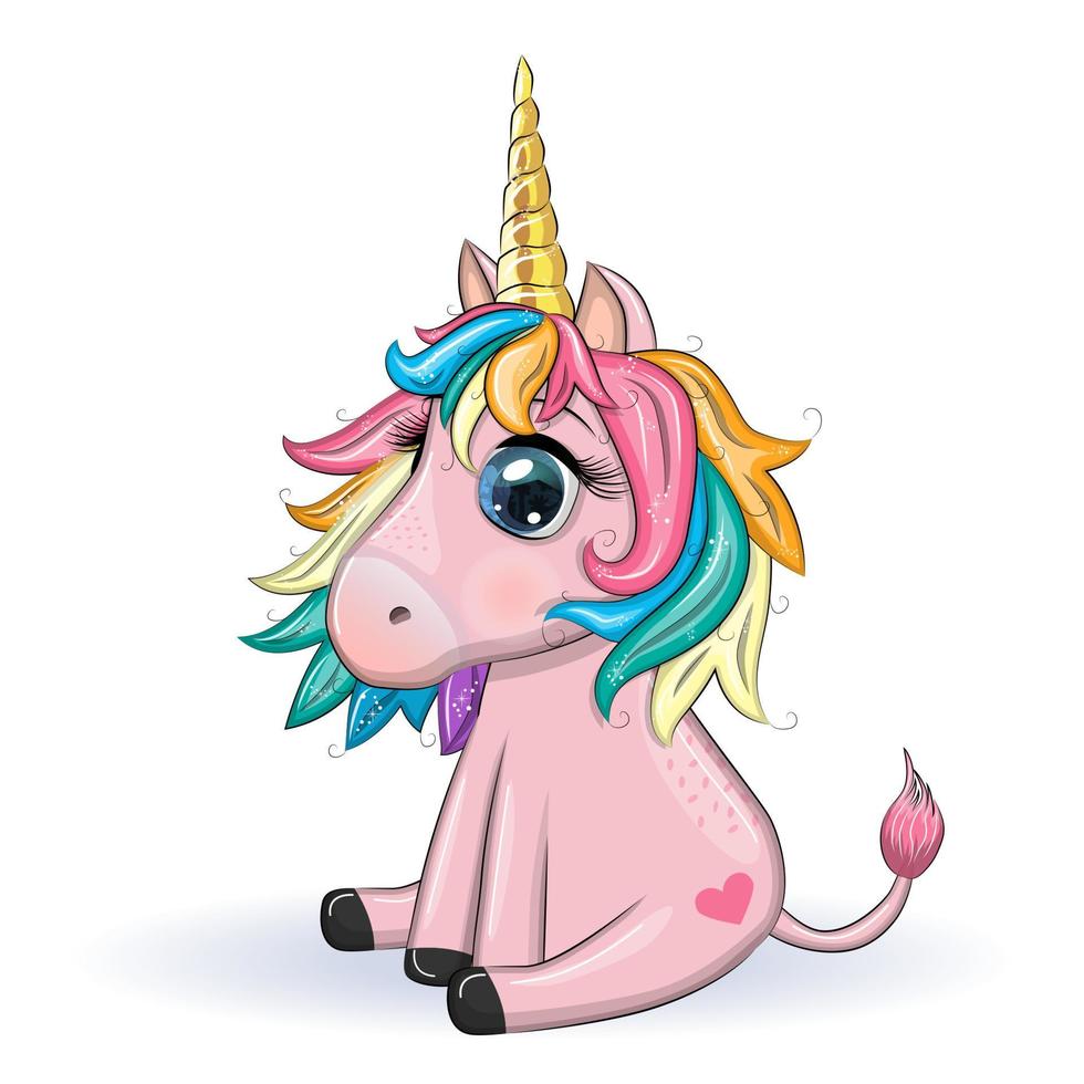 pony unicornio rosa sentado. linda tarjeta de bebé, niña con ojos grandes vector